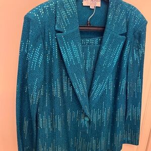 St. John Evening Marie Gray Women 2 Piece Sequin Skirt Suit Blue/Green Size 10